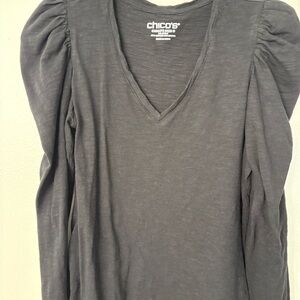 Chico's Black V-Neck Puff Shoulder Long Sleeve Top
